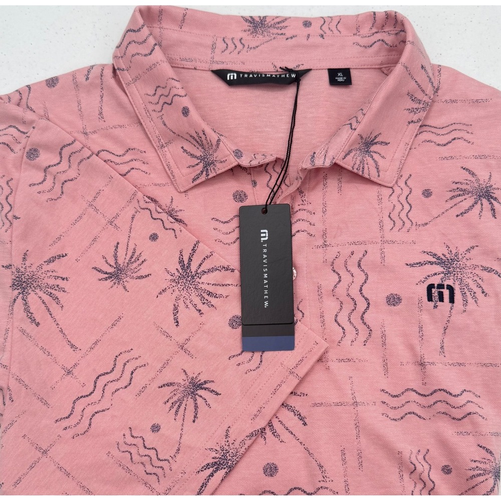 TravisMathew Mens XL Pink Tropical Palm Tree Print Short Sleeve Golf Polo Shirt